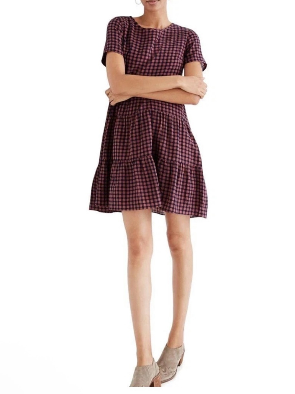 Madewell Short-Sleeve Tiered Mini Dress Mauve Blue Gingham Check XXS